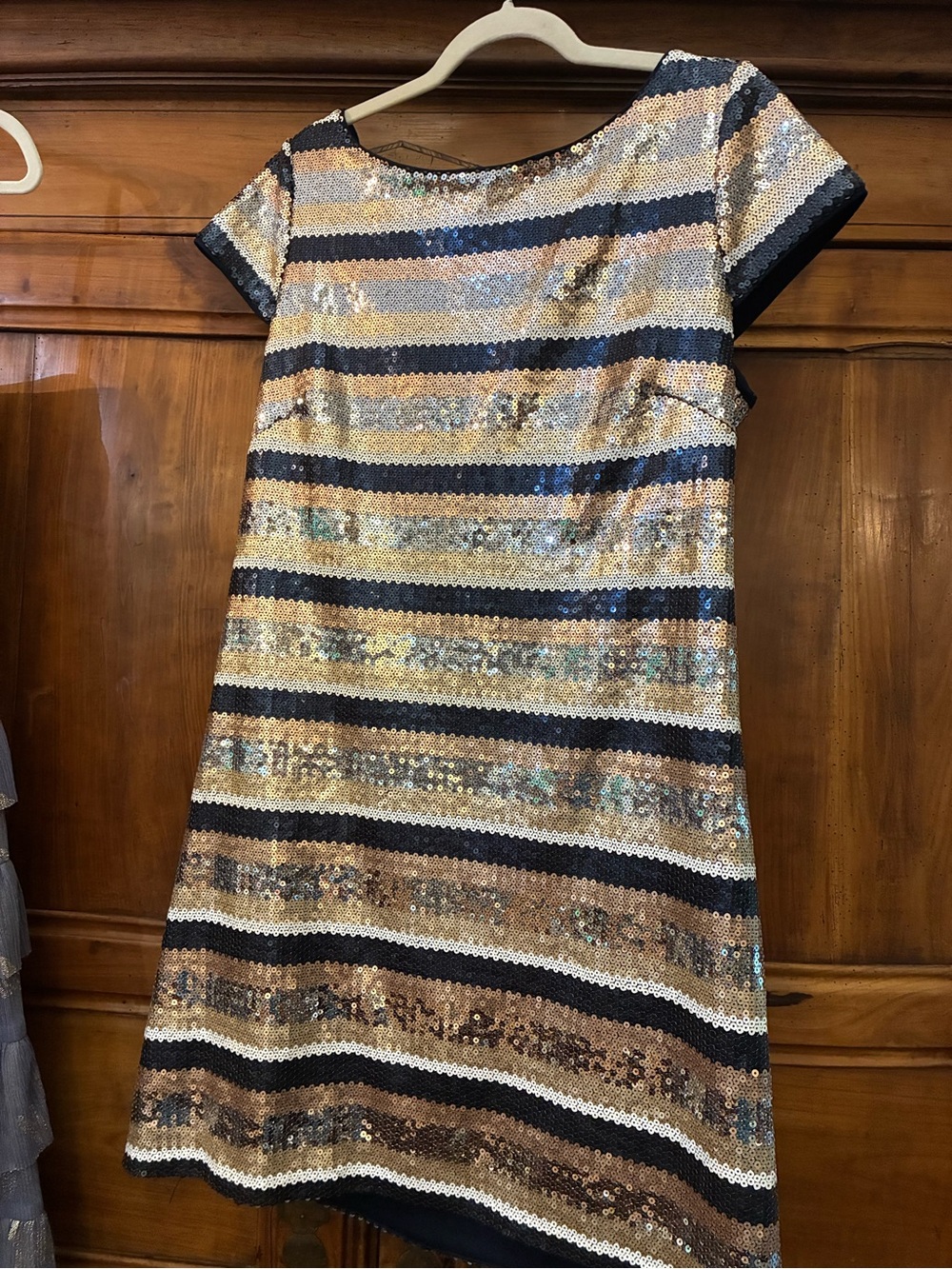 Vince Camuto Sequin Striped Shift Dress Navy Gold Silver Size 16 Mini Party